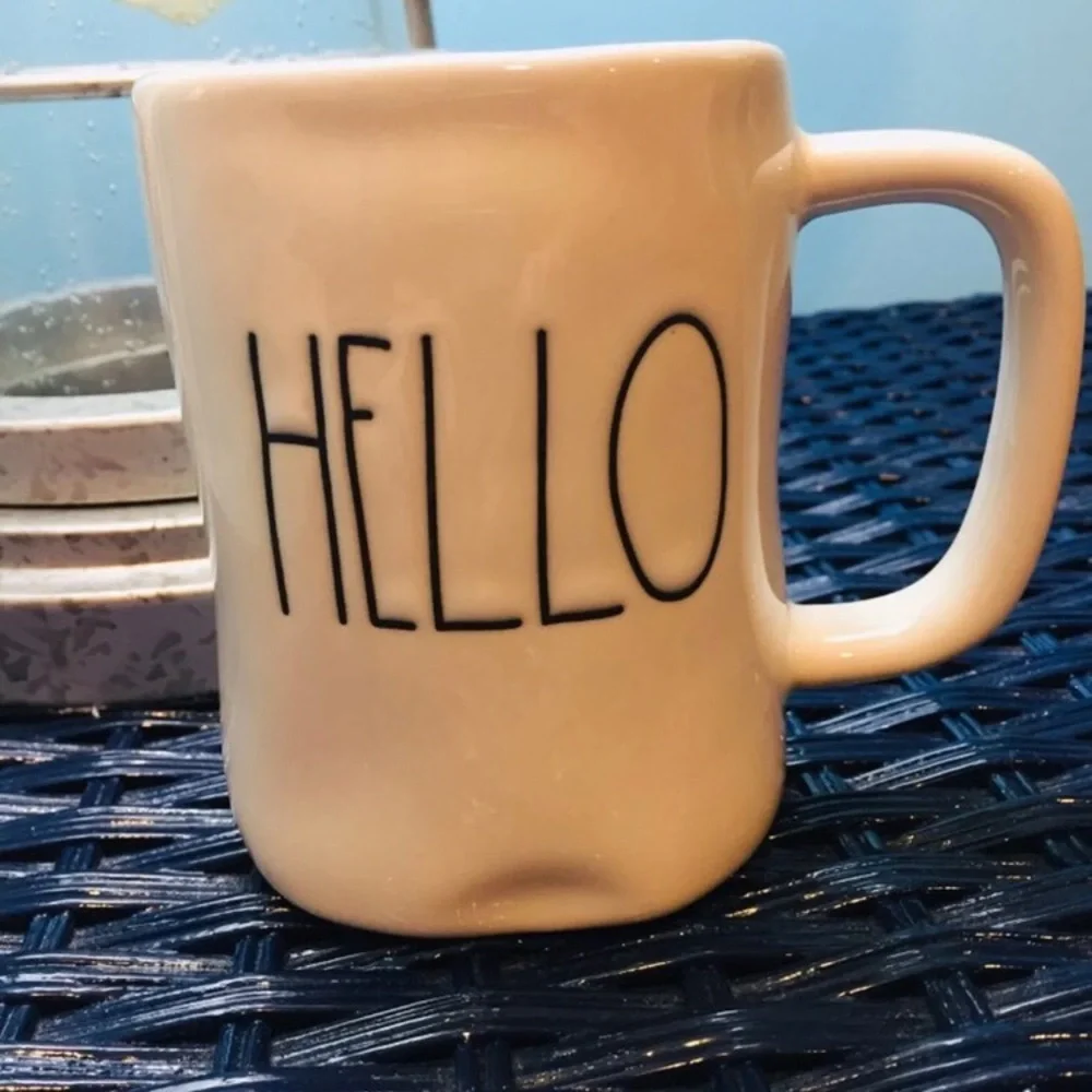 Rae Dunn Hello Mug NWT Coffee Tea ceramic blue white black